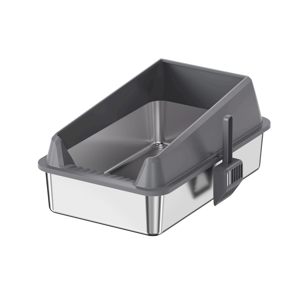 Open-top stainless steel cat litter box with raised sidewalls and a lowered front entry