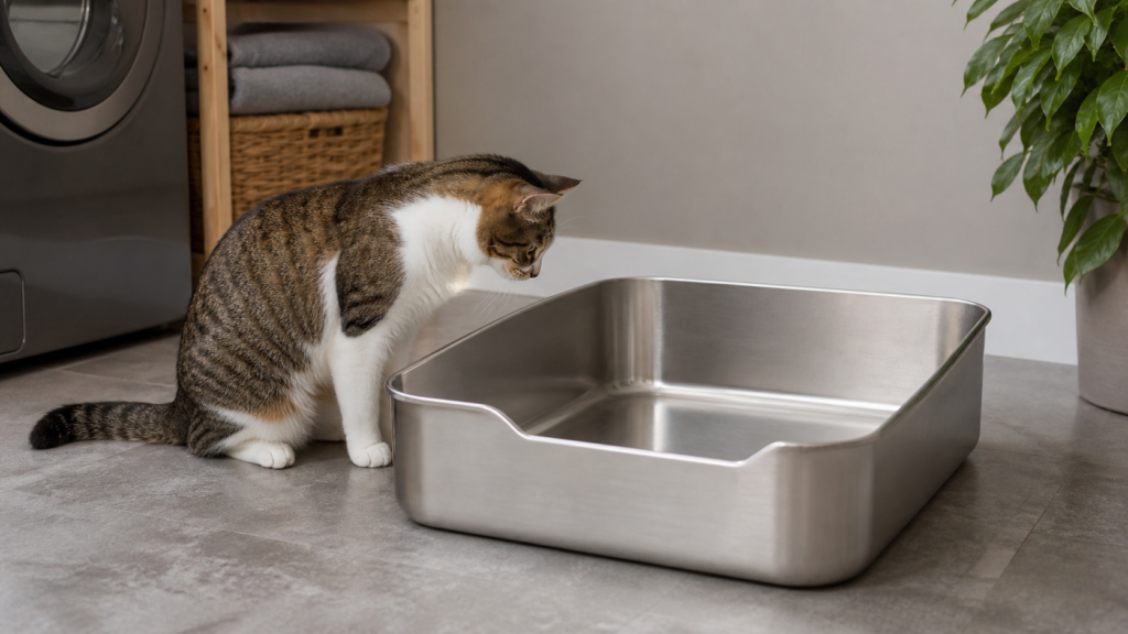 Adult tabby cat inspecting a large stainless steel litter tray with rounded corners and a lowered front entry