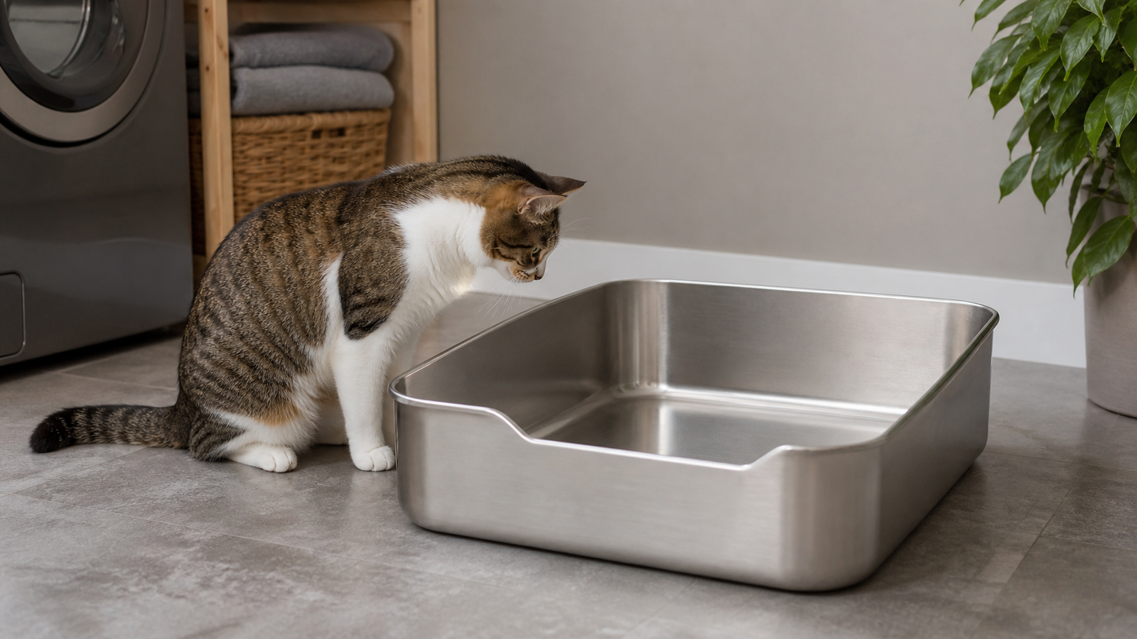 Adult tabby cat inspecting a large stainless steel litter tray with rounded corners and a lowered front entry