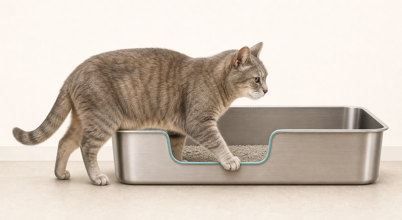 Senior cat stepping through a lowered front entry of a high-sided stainless steel litter tray