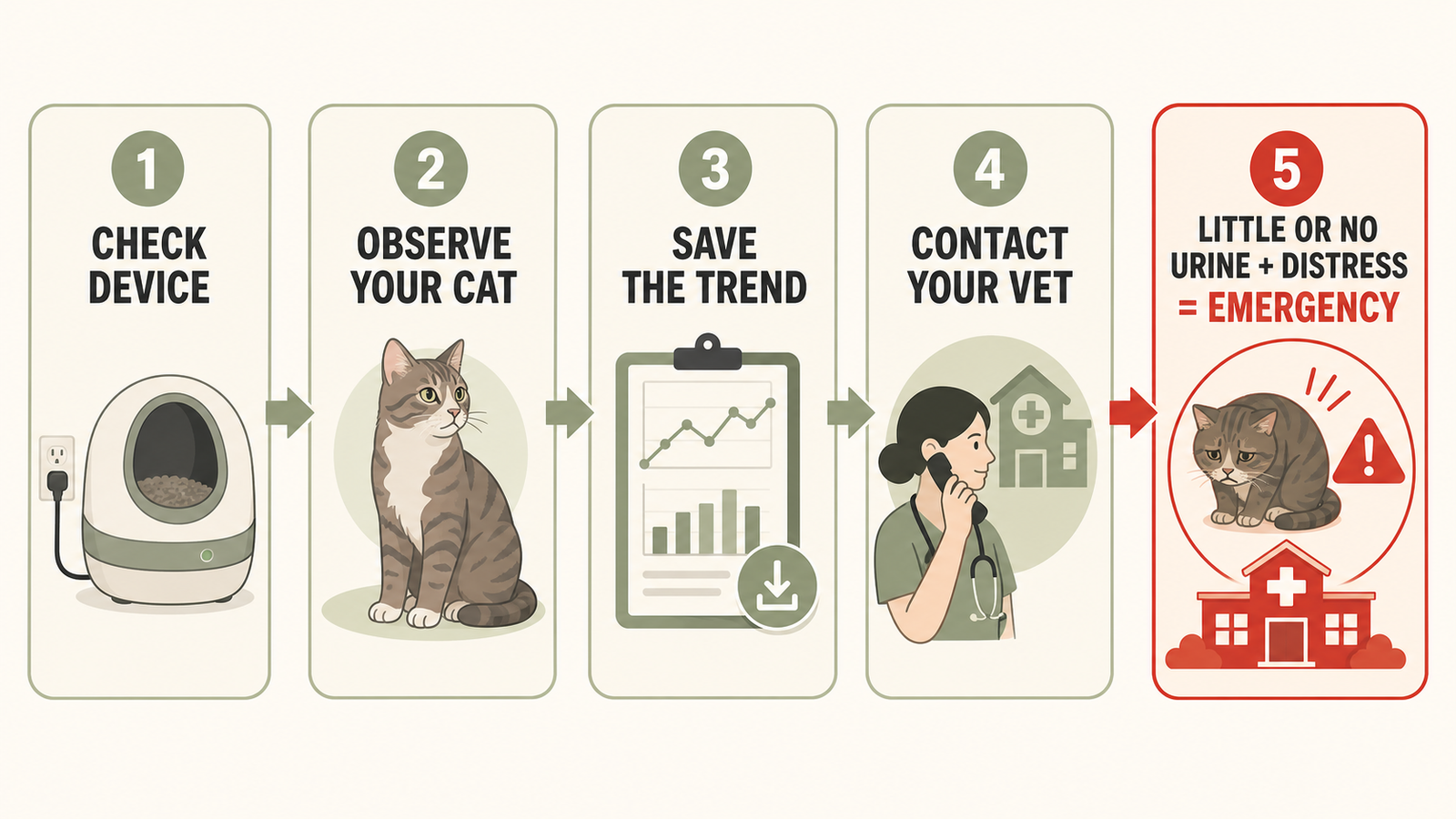 Five-step response to a smart litter box alert, ending with emergency care for little or no urine plus distress