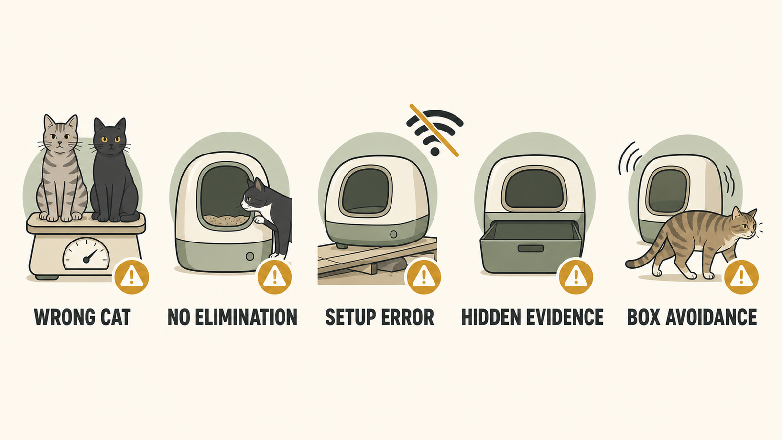 Five common smart litter box data failure modes: wrong cat, no elimination, setup error, hidden evidence, and box avoidance