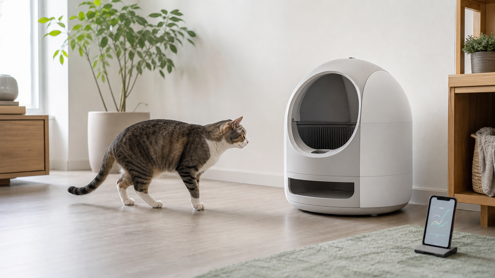 Adult cat approaching an unbranded automatic litter box beside a phone showing abstract trend lines