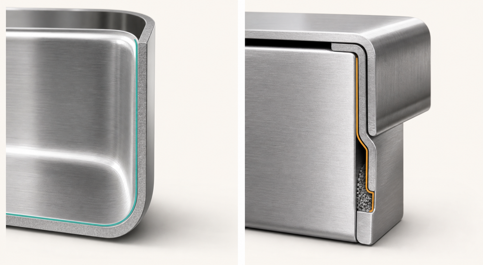Cutaway comparison of a smooth rounded stainless steel tray corner and a folded joint with a debris-trapping crevice